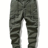 kkboxly Men's Trendy Solid Cotton Cargo Shorts With Multi Pockets, Casual Slightly Stretch Comfy Work Pants For Outdoor