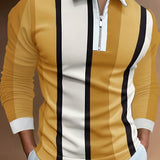 kkboxly  Men's Color Block Stripe Long Sleeve Zip Polo Shirt, Men's Clothing