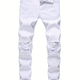 White Straight Leg Ripped Jeans, Men's Casual Street Style Distressed Mid Stretch Denim Pants For Spring Summer