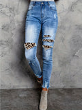 kkboxly  Leopard Print Ripped Skinny Jeans, Embossed Crotch Raw Hem Long Pants, Women's Denim Jeans & Clothing