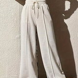 kkboxly  Drawstring Loose Solid Pants, Casual Wide Leg Long Length Pants, Women's Clothing