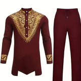 kkboxly Mens African 2-Piece Set Metallic Traditional Suit Golden Print Mens Cotton African Dashiki Shirt And Pants Outfit