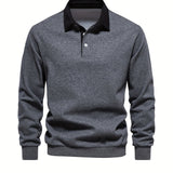 kkboxly  Cotton Blend Retro Lapel Shirt, Men's Casual V-Neck Pullover Long Sleeve Rugby Shirt For Spring Fall, Men's Clothing