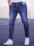 kkboxly  Slim Fit Moustache Effect Jeans, Men's Casual Street Style Distressed Stretch Denim Pants