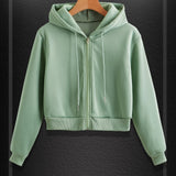 kkboxly  Solid Color Drawstring Crop Hoodie, Casual Zip Up Long Sleeve Hooded Sweatshirt