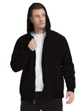 kkboxly Plus Size Men's Solid Hooded Jacket For Spring/autumn, Oversized Trendy Long Sleeve Cardigan Sweatshirt For Males, Men's Clothing