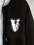 Letter V In The Mist Print Men's Hooded Sweatshirt Casual Long Sleeve Hoodies With Full Zip-Up Gym Sports Hooded Jacket