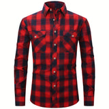 kkboxly Men's Formal Classic Design Plaid Print Button Up Long Sleeve Shirt With Chest Pocket, Male Clothes For Spring And Fall Business Occasion