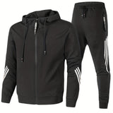 kkboxly  Stripe Design, Men's 2pcs, Long Sleeve Zip Up Hoodie And Drawstring Jogger Pants For Running, Athletics