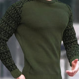 kkboxly  Waffle Trendy Patchwork Sweatshirt, Men's Casual Ethnic Pattern Sleeves Crew Neck Sweatshirt For Men Fall Winter