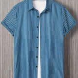 kkboxly  Vertical Stripe Print Men's Casual Short Sleeve Shirt, Men's Shirt For Summer Vacation Resort