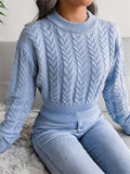 kkboxly  Cable Crew Neck Crop Sweater, Casual Waist Long Sleeve Fall Winter Knit Crop Sweater, Women's Clothing