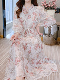 kkboxly  Floral Print Bow Tie Long Sleeve Ruffled Dress, Elegant Tunic High Waist Maxi Dress, Women's Clothing