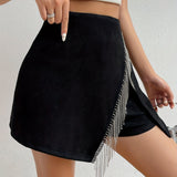 kkboxly  Shiny Rhinestone Tassels Zipper Back Shorts, Casual Asymmetrical Hem Shorts, Women's Clothing