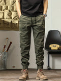 kkboxly  Trendy Solid Color Cargo Pants, Men's Casual Joggers Cotton Blend Trousers, Loose Casual Outdoor Pants, Men's Work Pants Outdoors