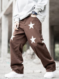 kkboxly  Star Print Loose Fit Jeans, Men's Casual Street Style Cotton Wide Leg Pants