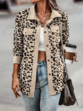 kkboxly  Plus Size Casual Jacket, Women's Plus Plain Leopard Print Flap Detail Long Sleeve Lapel Collar Button Decor Jacket