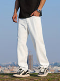 kkboxly  Loose Cotton Blend Men's Solid Wide Leg Pants, Men's Casual Denim Pants, All Seasons