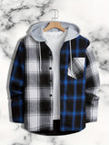 Fashionable And Versatile Men's College Style Casual Plaid Hoodies Button Drawstring Shirt Jacket, Suitable For Outdoor