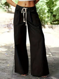 kkboxly  Solid Drawstring Wide Leg Pants, Casual Pocket Pants For Spring & Fall, Women's Clothing