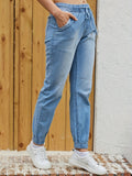 Blue Elastic Waist Jogger Pants, Slash Pockets Straight Legs Mid-Waist Denim Pants, Women's Denim Jeans & Clothing