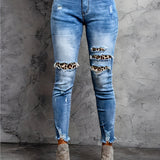 kkboxly  Leopard Print Ripped Skinny Jeans, Embossed Crotch Raw Hem Long Pants, Women's Denim Jeans & Clothing