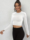 kkboxly  Solid Color Long Sleeve Crop T-Shirt With Thumb Hole,Casual Sports Versatile Running Top, Women's Clothing