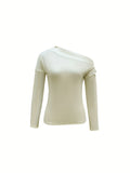 kkboxly Solid Button Decor Asymmetrical Neck T-Shirt, Casual Long Sleeve Top For Spring & Fall, Women's Clothing