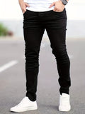 Slim Fit Cotton Jeans, Men's Casual Solid Color Mid Stretch Denim Pants For Spring Summer