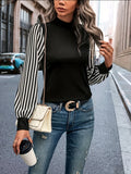 Striped Print Mock Neck T-Shirt, Casual Long Sleeve T-Shirt For Spring & Fall, Women's Clothing