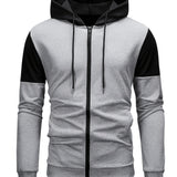 kkboxly  Zip Up Sports Hoodie, Men's Drawstring Contrast Color Casual Slim Fit Hoodie