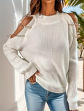 kkboxly  Chain Decor Cold Shoulder Pullover Sweater, Elegant Long Sleeve Loose Sweater, Women's Clothing