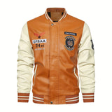 kkboxly  Men's Casual Pockets "R" Print Zipper Long Sleeves Baseball Collar PULeather Jacket