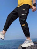 kkboxly  Ribbon Design, Men's Drawstring Overalls With Pockets, Loose Trendy Comfy Jogger Pants