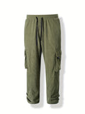 kkboxly  Solid Casual Corduroy Men's Multi-pocket Drawstring Loose Long Pants, All Seasons Outdoor, Street And Leisure