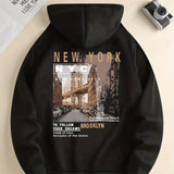 NYC Brooklyn Graphic Print Hoodie, Cool Hoodies For Men, Men's Casual Graphic Design Pullover Hooded Sweatshirt With Kangaroo Pocket Streetwear For Winter Fall, As Gifts