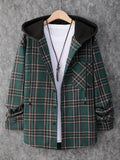 Fashionable And Versatile Men's College Style Casual Plaid Hoodies Button Drawstring Shirt Jacket, Suitable For Outdoor