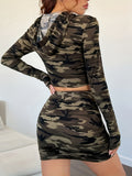 kkboxly  Camouflage Print Casual Two-piece Set, Drawstring Crop Hoodie & Mini Skirt Outfits, Women's Clothing