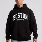 kkboxly Plus Size Men's "BOSTON" Print Hooded Sweatshirt Oversized Hoodies Fashion Casual Tops For Spring/autumn, Men's Clothing