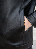 Warm Fleece PU Jacket, Men's Casual Solid Color Zip Up Lapel Faux Leather Jacket For Fall Winter