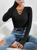 kkboxly Ribbed Cross Front V Neck T-Shirt, Casual Long Sleeve Top For Spring & Fall, Women's Clothing