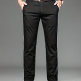 kkboxly  Classic Design Dress Pants, Men's Formal Solid Color Mid Stretch Dress Pants For Spring Summer Business