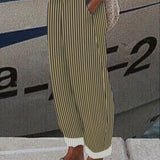 Striped Print Pants, Casual Wide Leg Elastic Waist Pants With Pockets, Women's Clothing