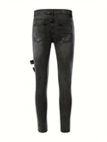 kkboxly  Slim Fit Ripped Biker Jeans, Men's Casual Street Style Medium Stretch Denim Pants