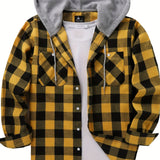 kkboxly  Drawstring Hooded Flannel Shirt, Men's Casual Various Colors Plaid Button Up Shirt For Spring Summer