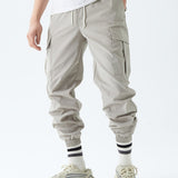 kkboxly  Men's Drawstring Flap Pocket Cargo Pants, Loose Trendy Jogger Pants