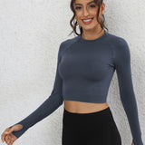 kkboxly  Solid Color Long Sleeve Crop T-Shirt With Thumb Hole,Casual Sports Versatile Running Top, Women's Clothing