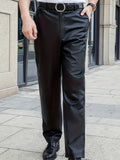 kkboxly  Classic Design Fleece Pu Pants, Men's Casual Straight Leg Solid Color Biker Faux Leather Pants For Fall Winter