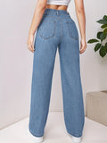 Blue Loose Fit Straight Jeans, High Waist Non-Stretch Slash Pockets Denim Pants, Women's Denim Jeans & Clothing