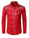 kkboxly Cow Boy Style Men's Chic Embroidered Long Sleeve Lapel Shirt, Spring Fall